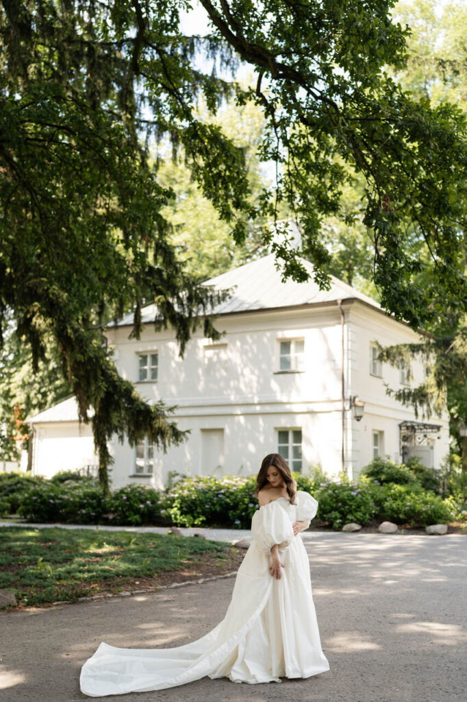 Bride in her wedding dress at Pałac Mała Wieś