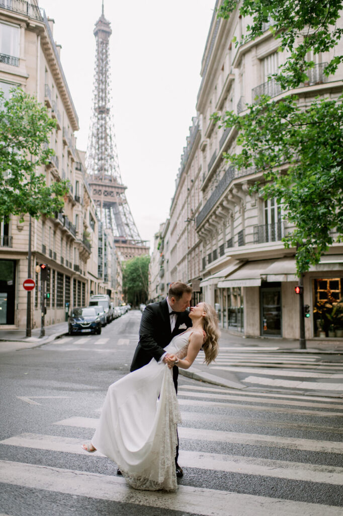 International couple on their wedding day in Paris, France